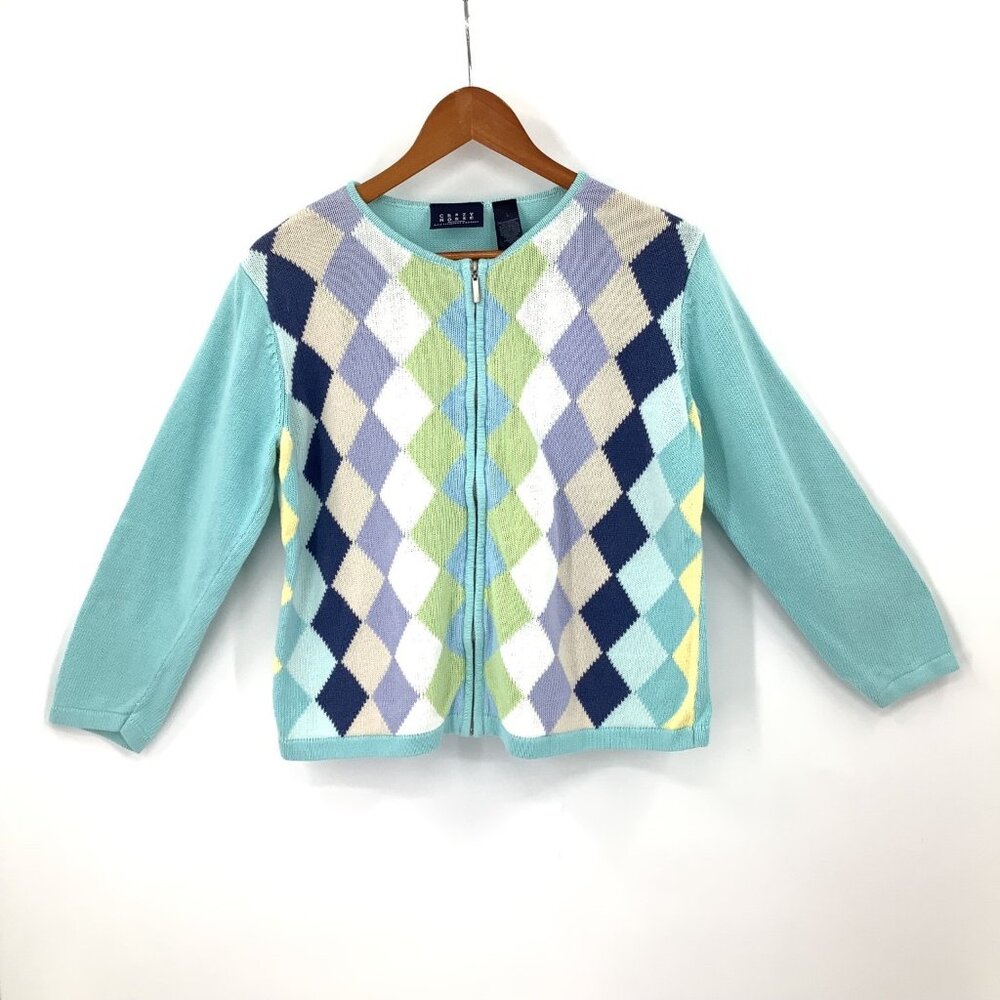 Crazy Horse Women's Large L Multicolor Pastel Argyle Full Zip Sweater Cardigan